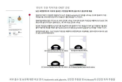 천년초 추출 특허기술 CN27 공법 원본 자료 — 히알루론산, 글리세린, 일반 선인장, FG Beauty 천년초 추출액의 접촉각 측정 사진과 표면장력 값