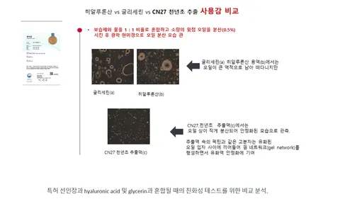 히알루론산 vs 글리세린 vs CN27 천년초 추출 오일 분산 비교 원본 자료 — 광학현미경으로 본 오일 분산 모습